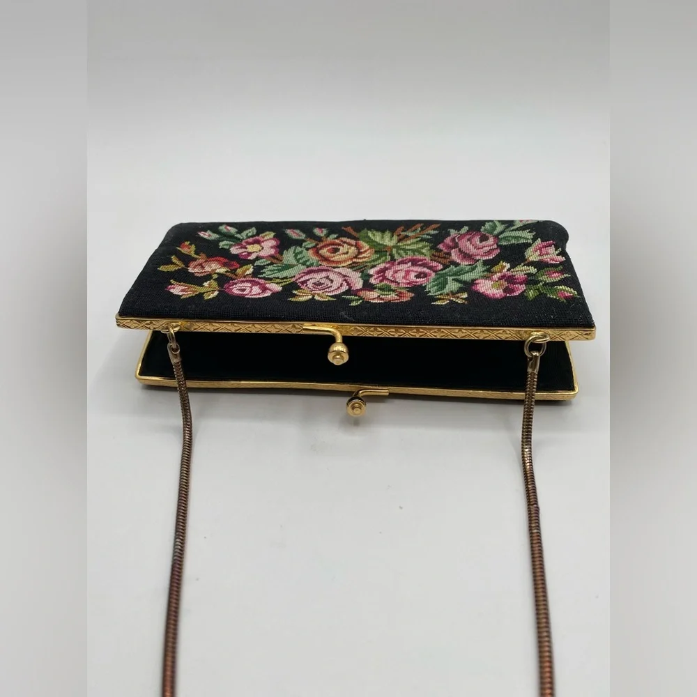 Floral Needlepoint Evening Clutch in Black with Pink Roses Vintage